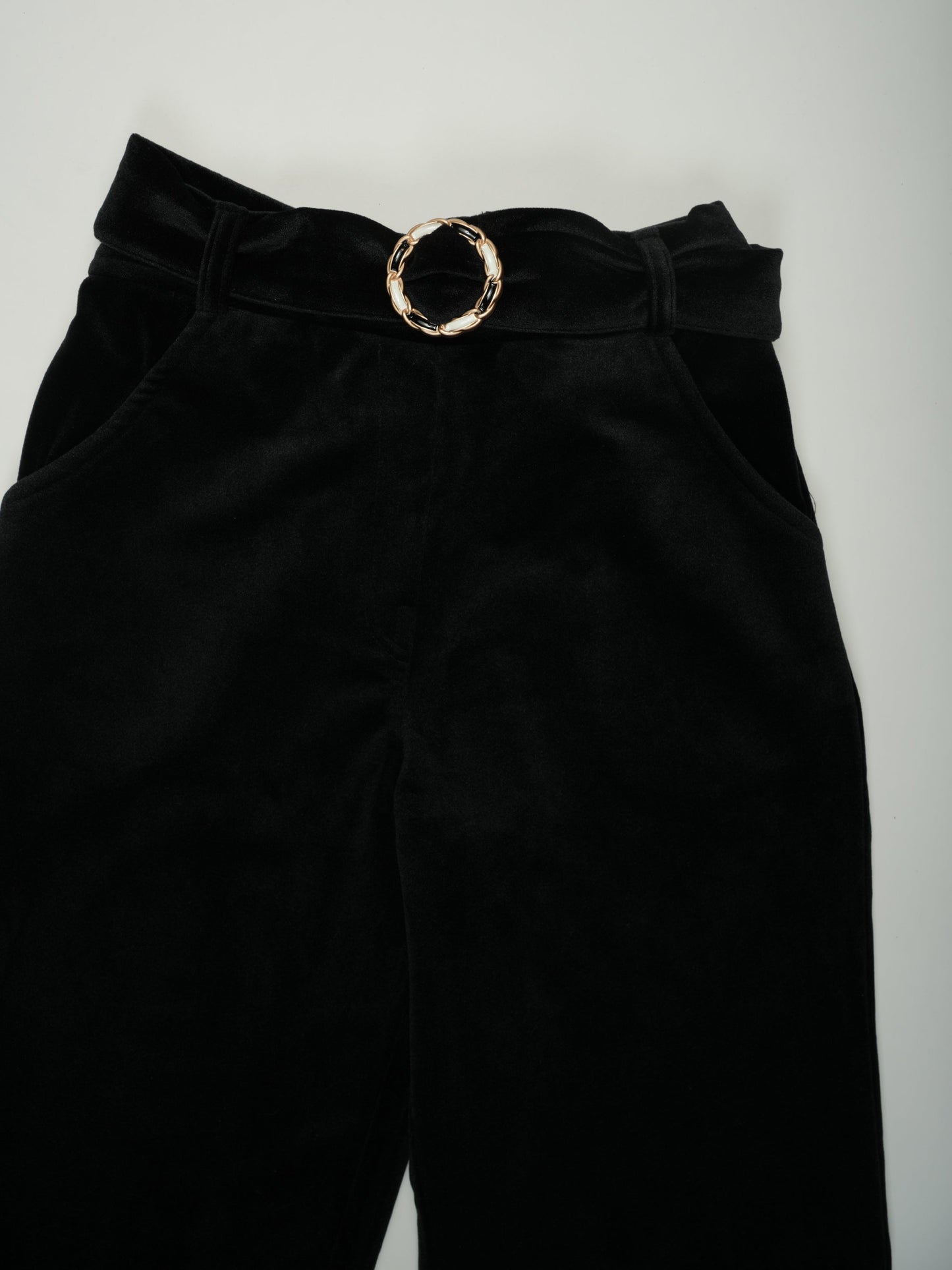 Black Sharing Pants with Gold Belt and Patch Pockets