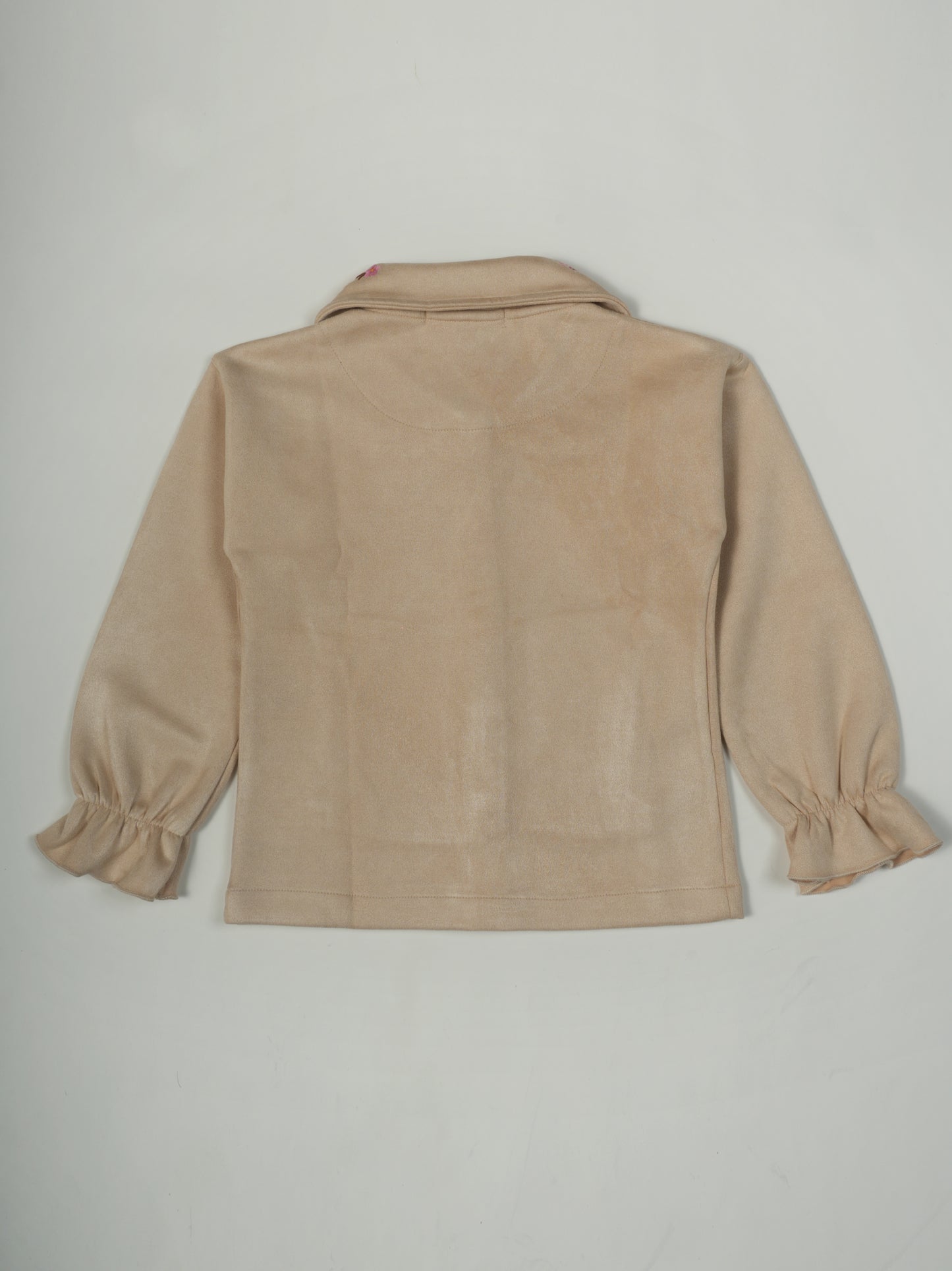 Pampolina Beige Suede Jacket with Floral Embroidered Collar