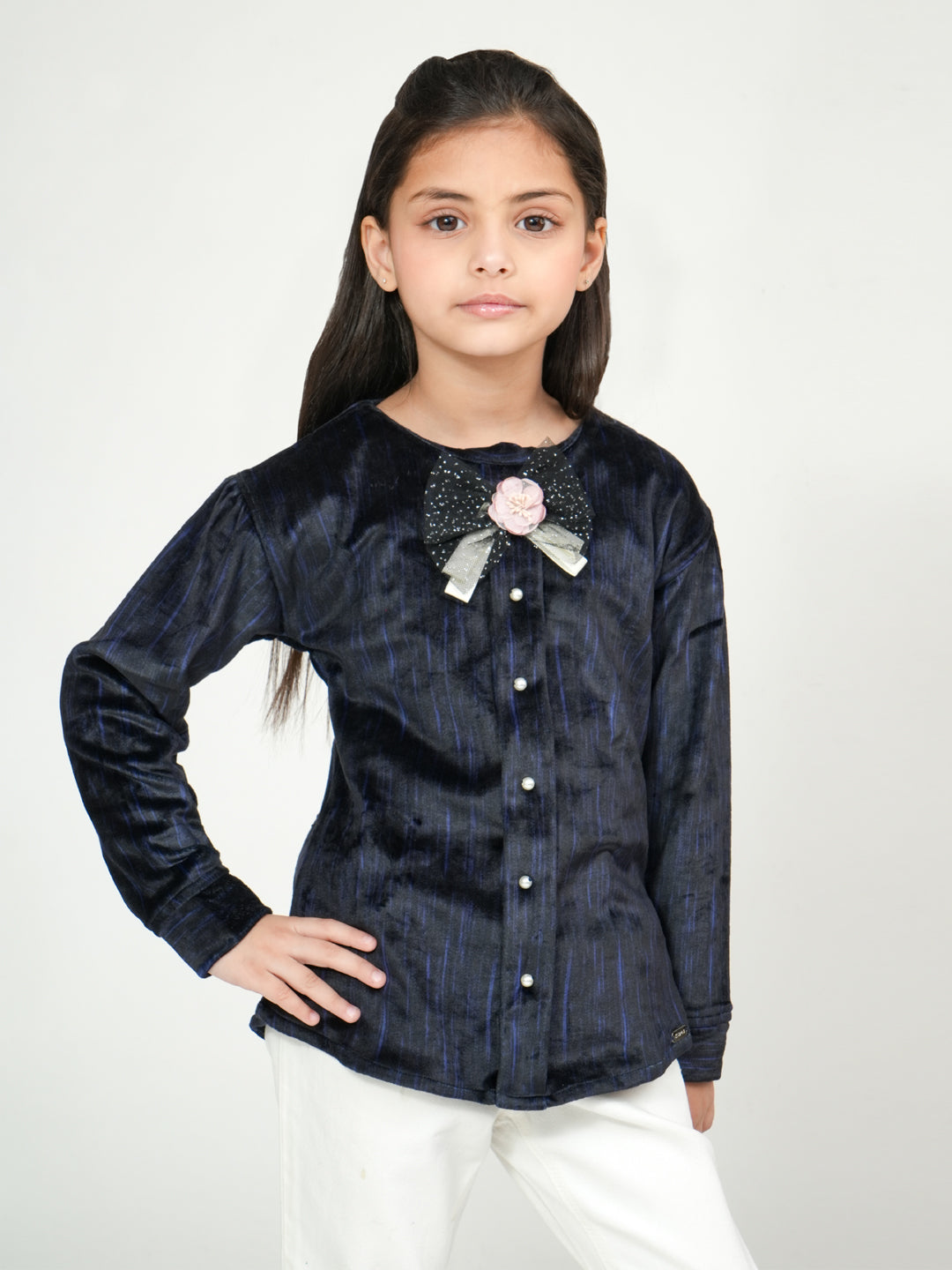 Pampolina Girls' Navy Sharing Long-Sleeve Top with Bow and Floral Accent