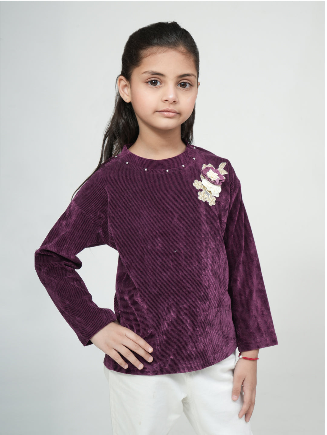 Pampolina Purple Corduroy Top with Flower Detail