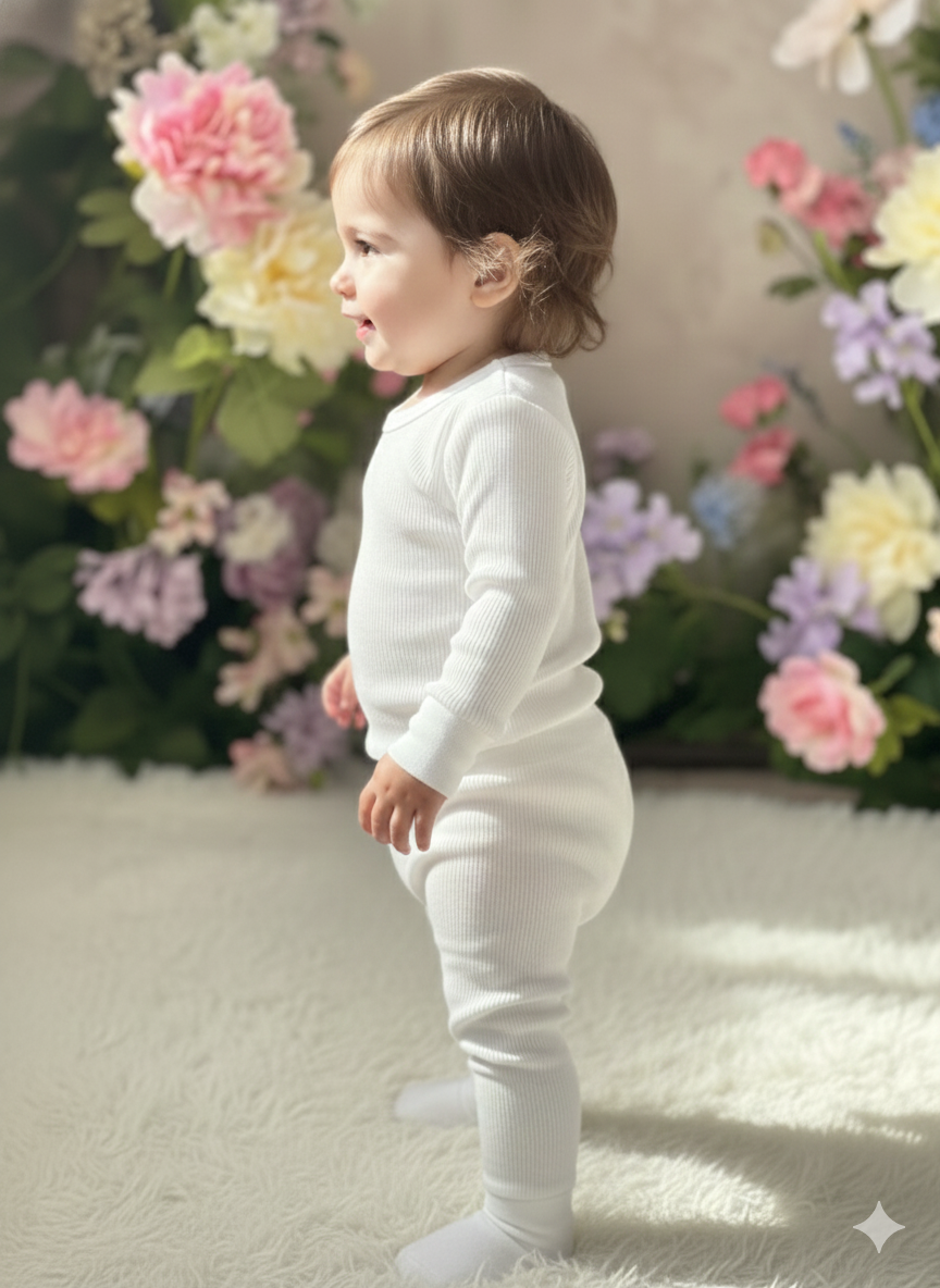 The "Flora" Long-Sleeve Smocked Dress – Soft Grey Cotton with Solid