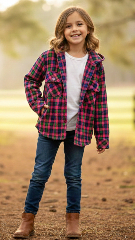 Girls' Button-Up Plaid Outerwear with Dual Chest Pockets