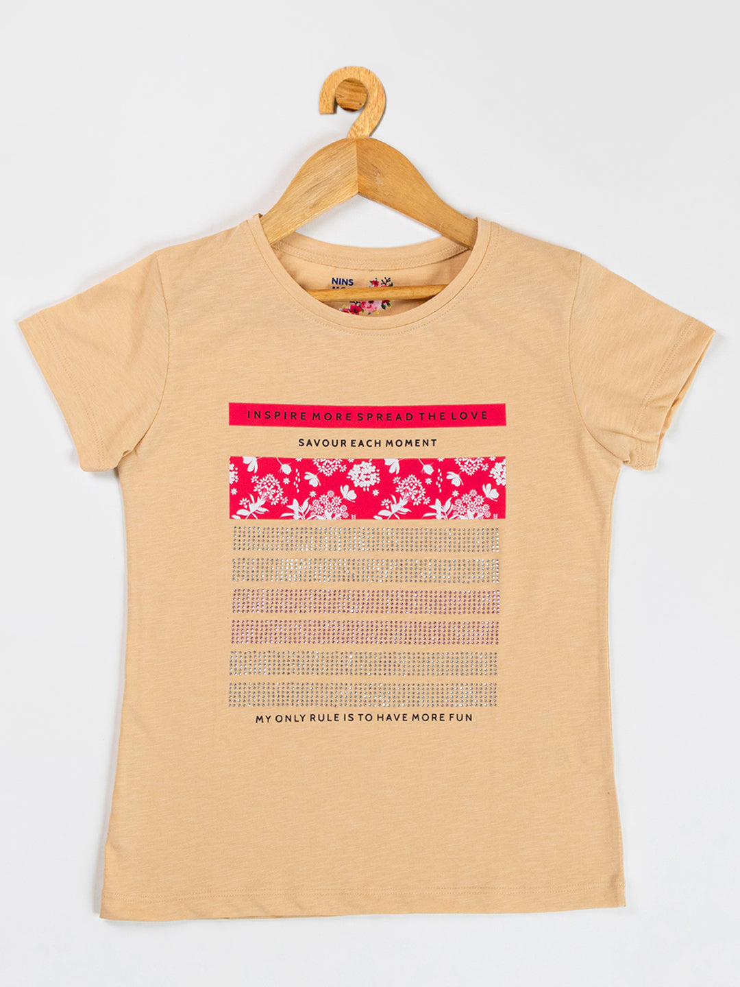 Pampolina Girls Flower Sequin Printed Top -Fawn