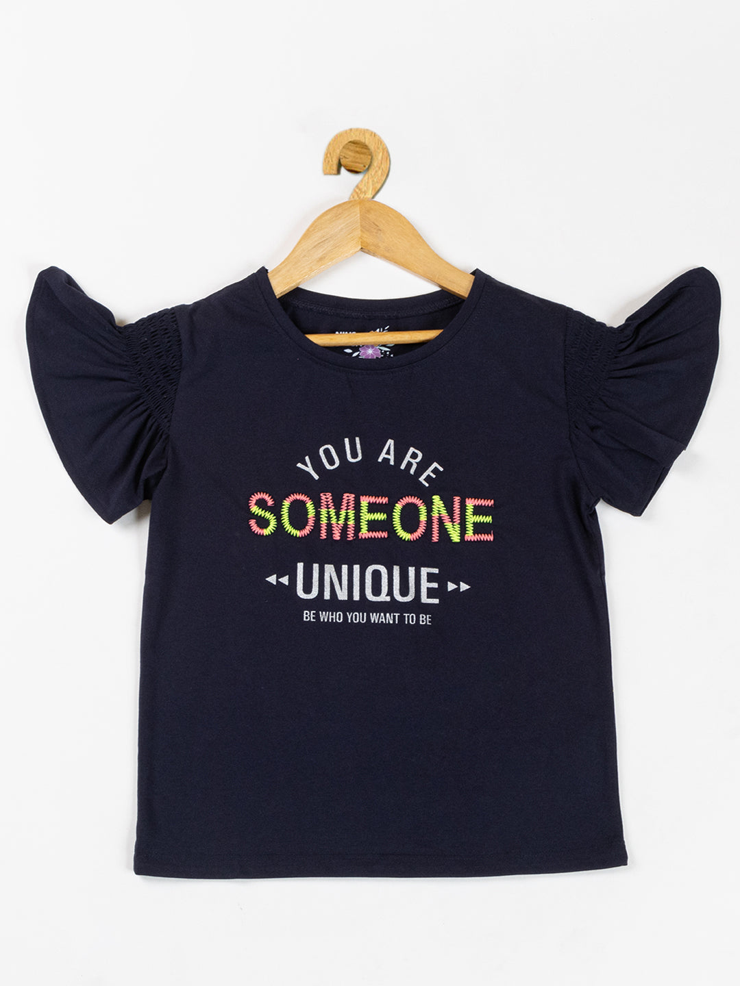 Pampolina Girls Embroidery Printed With Puff Sleeve Top-Navy