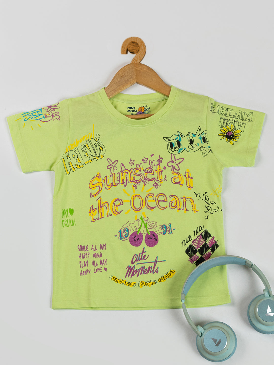 Pampolina Girls Printed Half Sleeve Top- F.Green