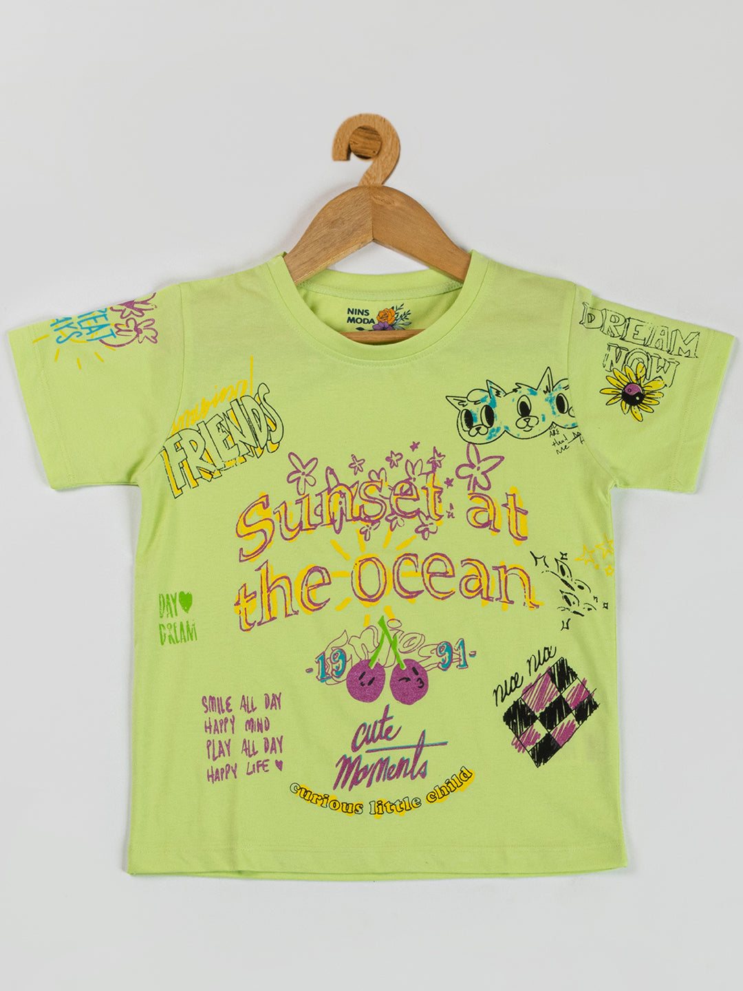 Pampolina Girls Printed Half Sleeve Top- F.Green