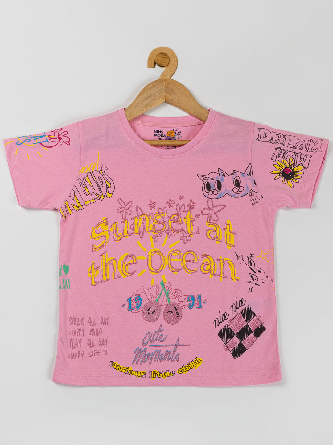 Pampolina Girls Printed Half Sleeve Top- Pink