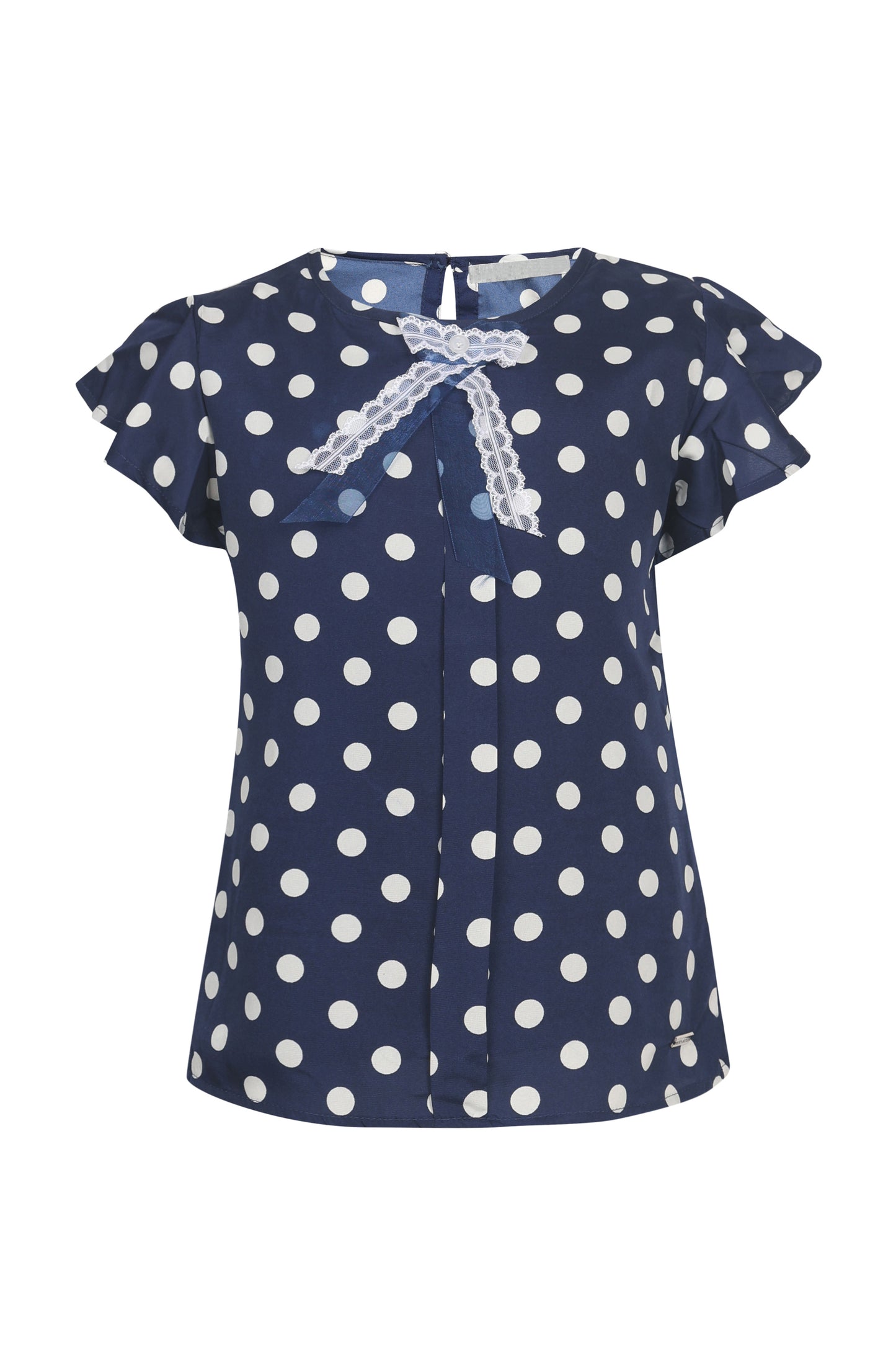 Pampolina Girls Polka Dotted Printed Textile Top With Tie- Navy