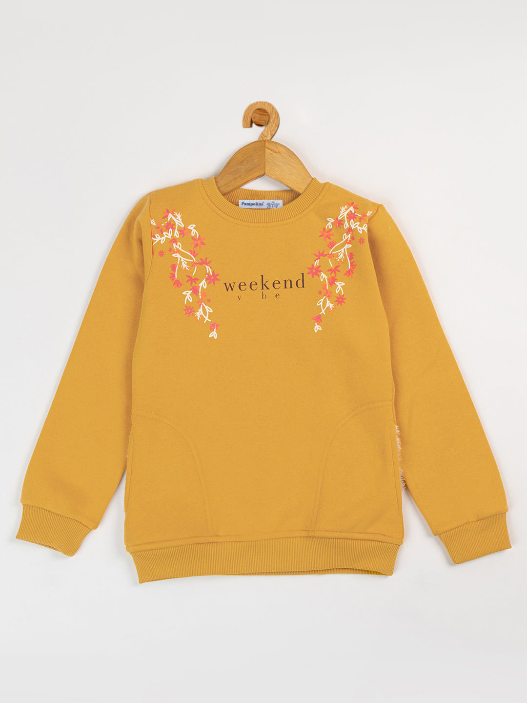 Pampolina Girls Printed Round Neck Sweatshirt-Mustard