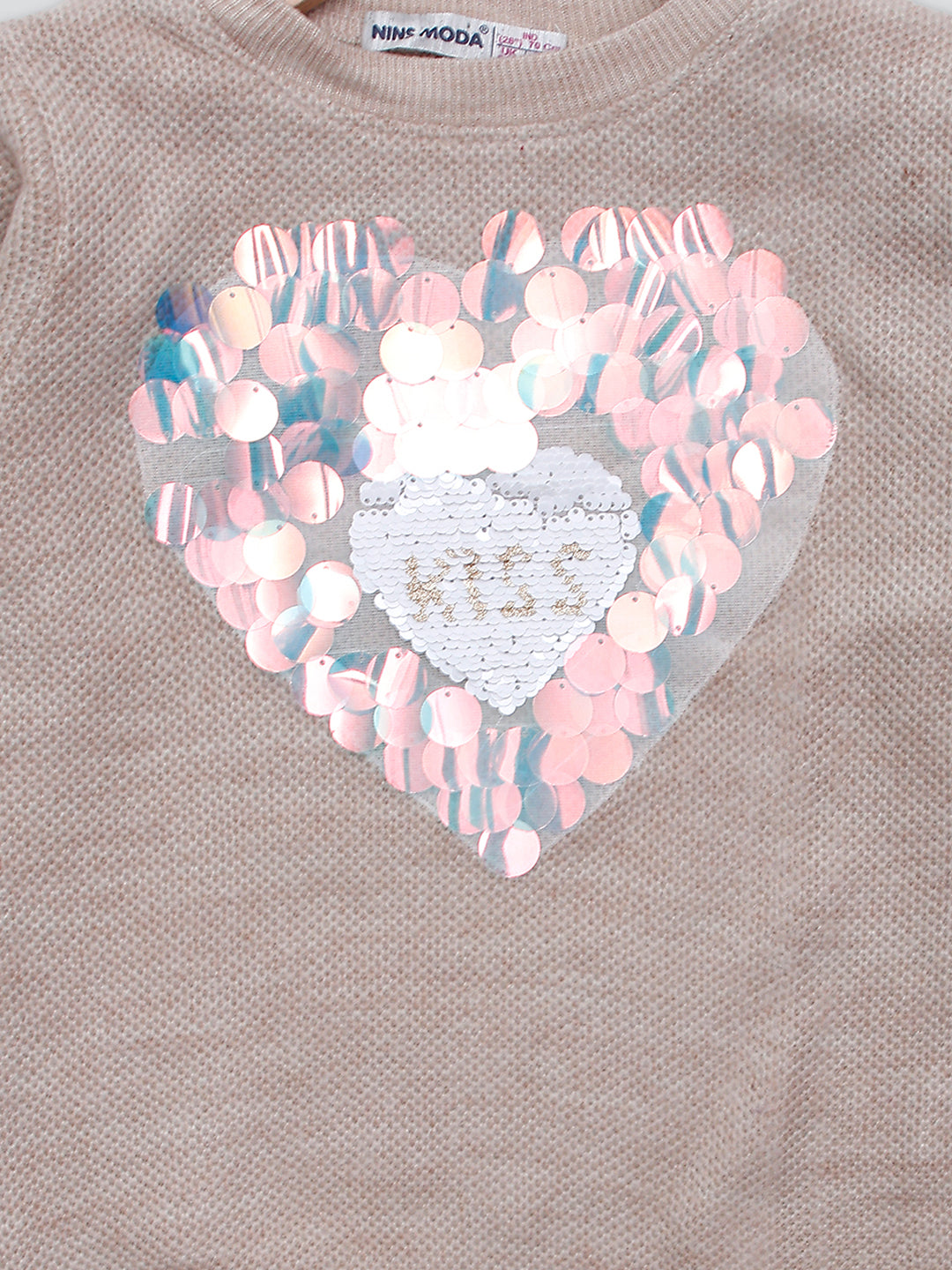 Pampolina Girls Sequined Printed Woolen Top-Fawn