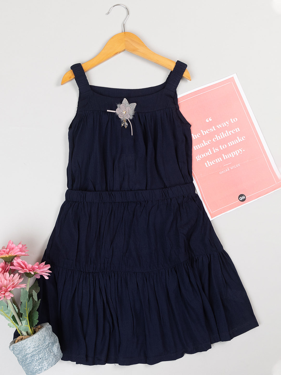 Pampolina  Solid Summer Cotton Dress For Baby Girl With Elastic Belt -Navy