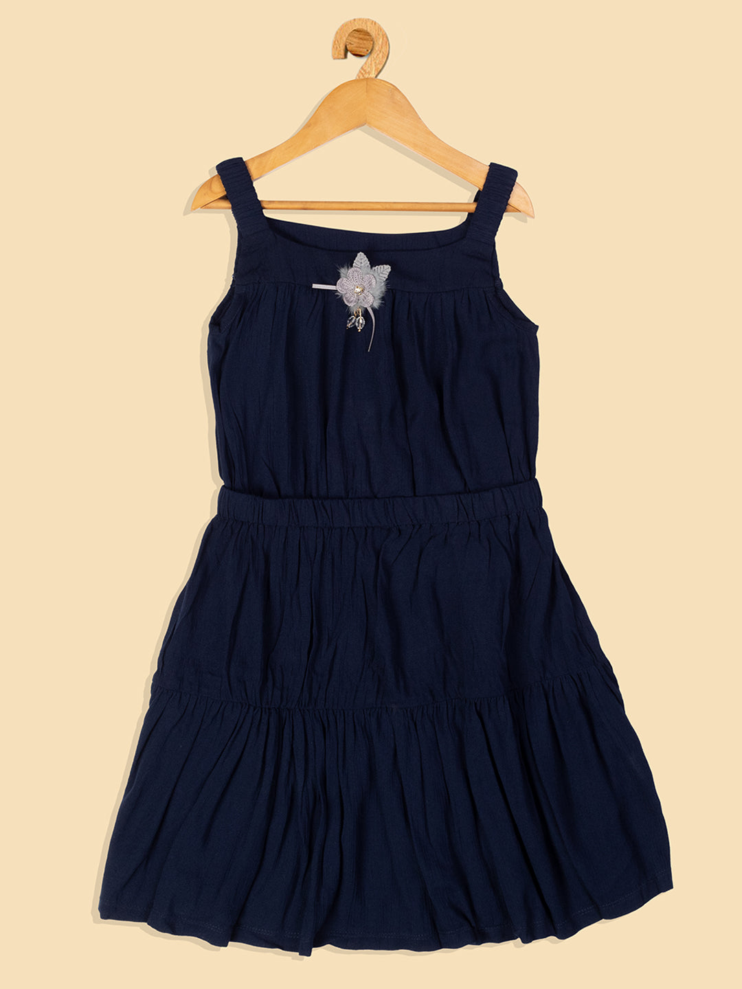 Pampolina  Solid Summer Cotton Dress For Baby Girl With Elastic Belt -Navy