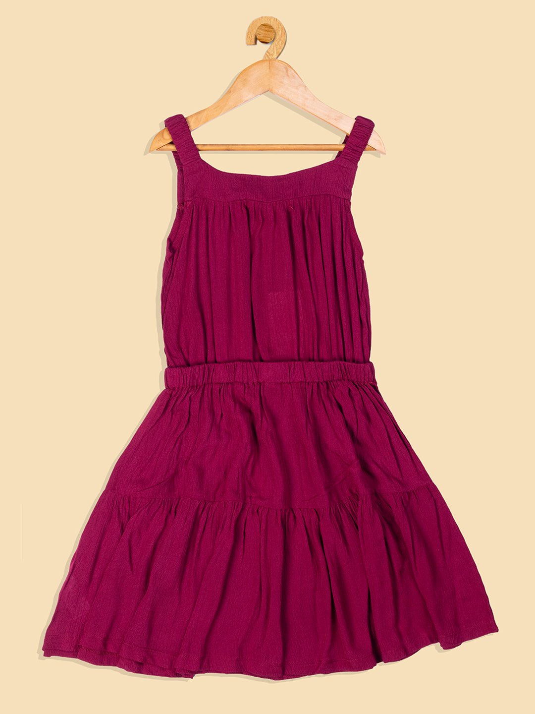 Pampolina Solid Summer Cotton Dress For Baby Girl With Elastic Belt -Wine