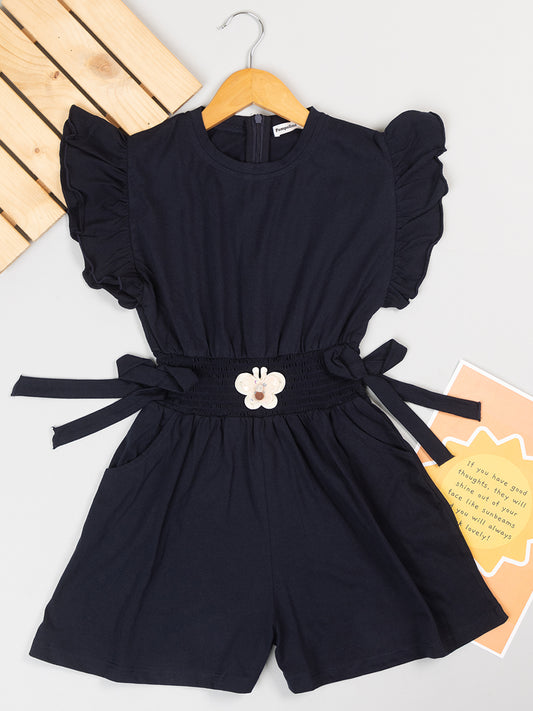 Pampolina Girls Solid Jumpsuit With  Waist Belt- Navy