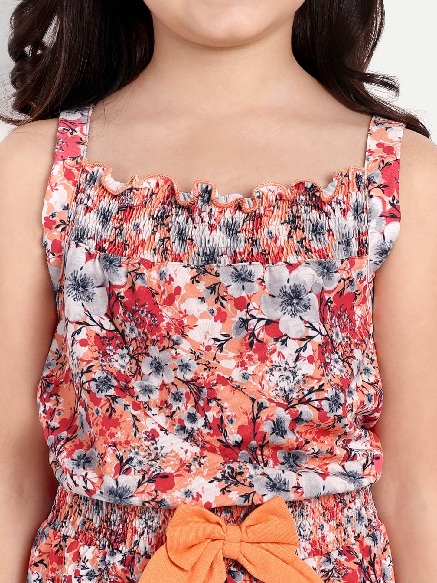 Pampolina Girls Floral Printed Jumpsuit- Peach
