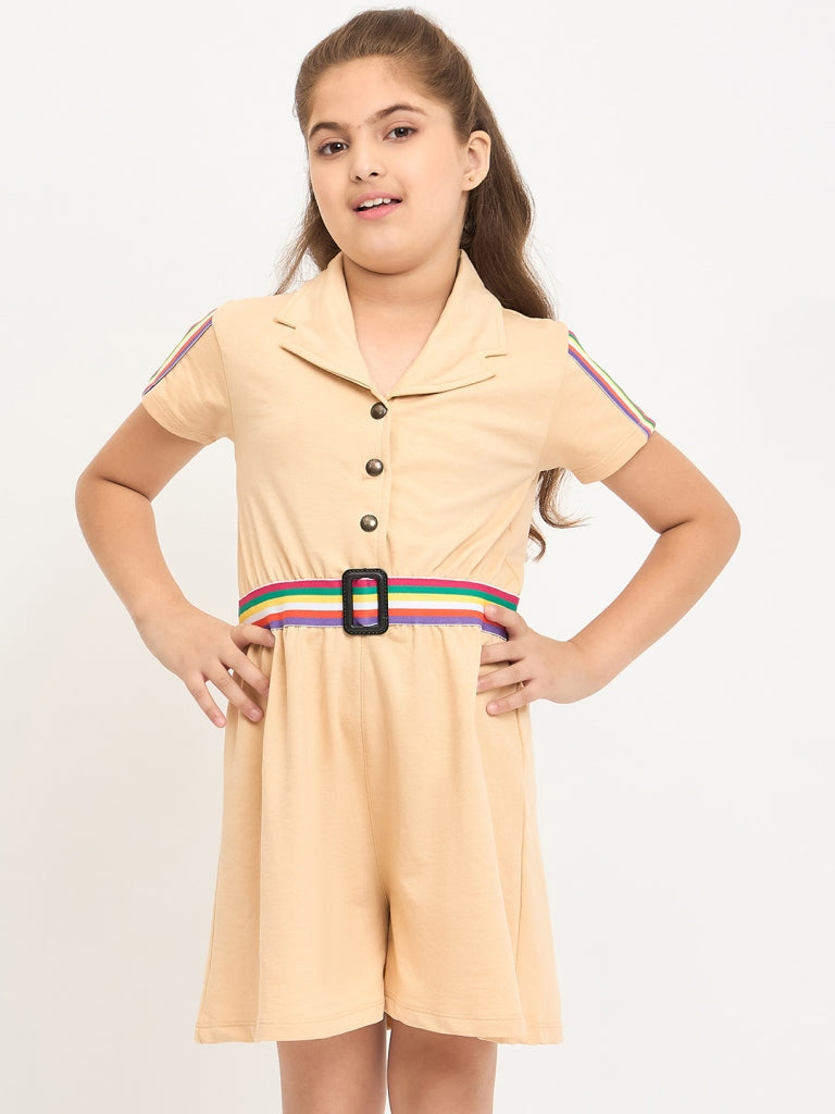 Pampolina Girls Solid Half Sleeve Collar Neck Jumpsuit - Fawn