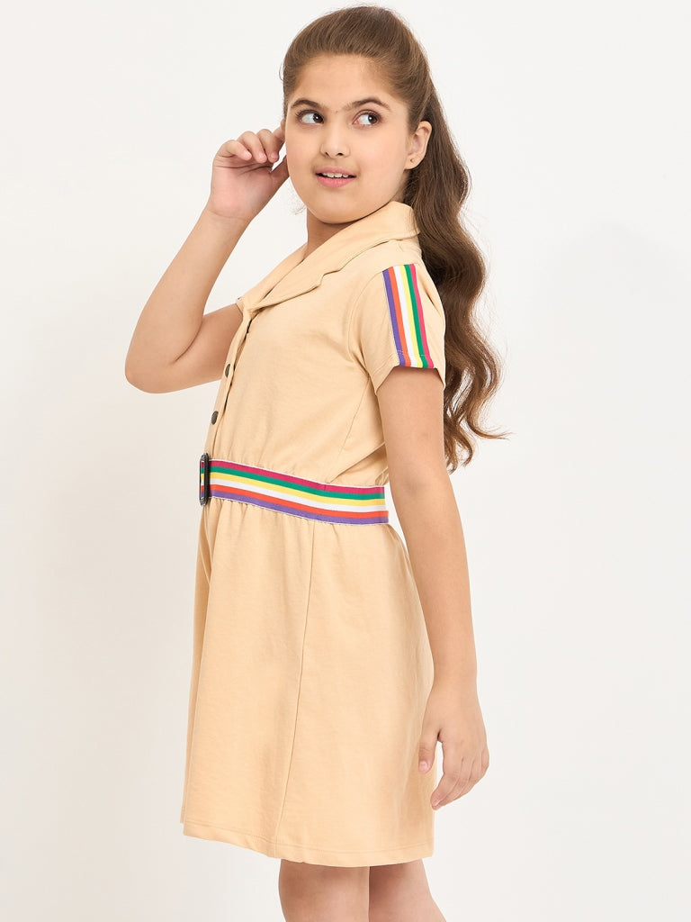 Pampolina Girls Solid Half Sleeve Collar Neck Jumpsuit - Fawn