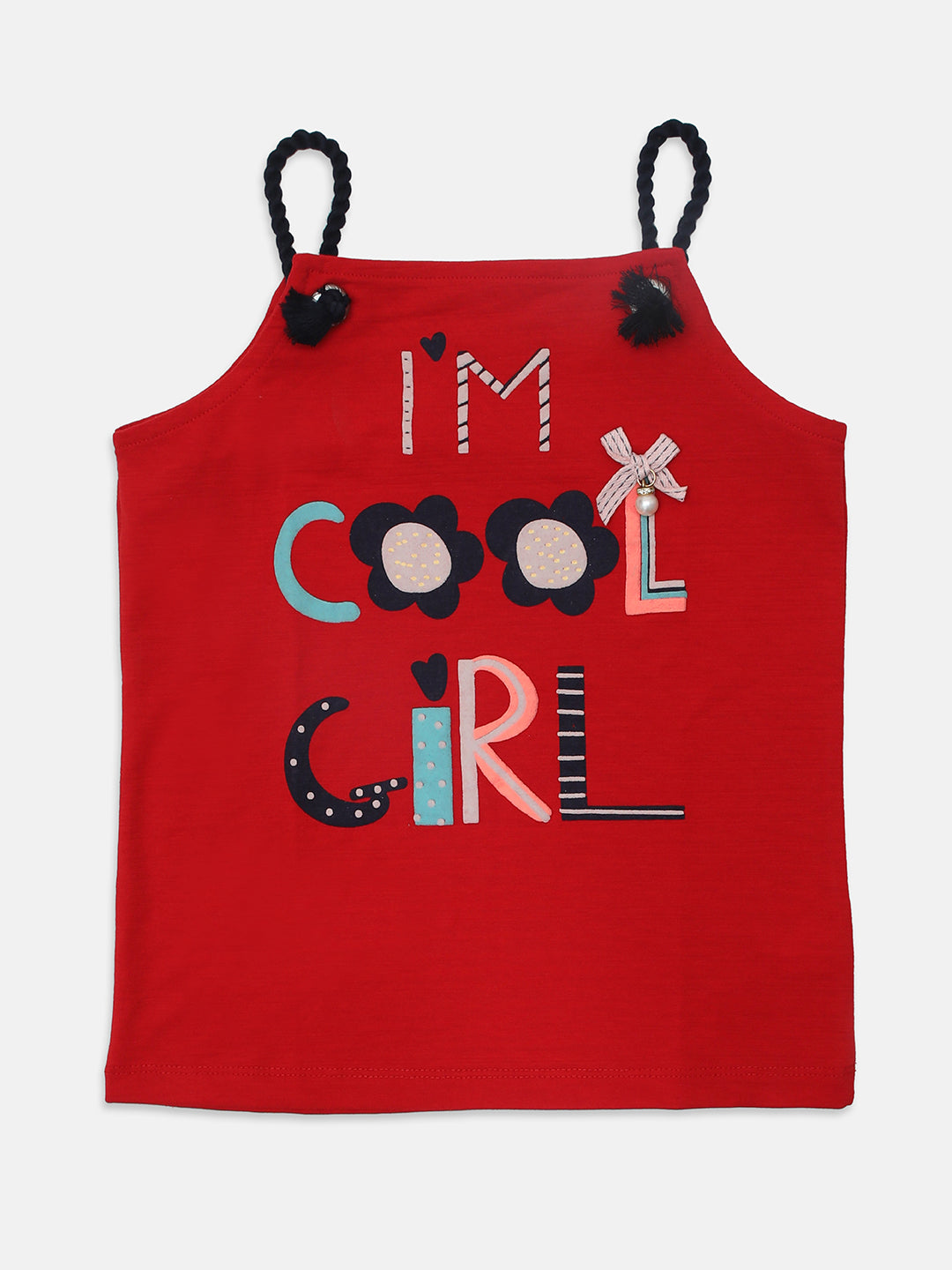 Pampolina Girls Printed Top With Cold Shoulder-Red