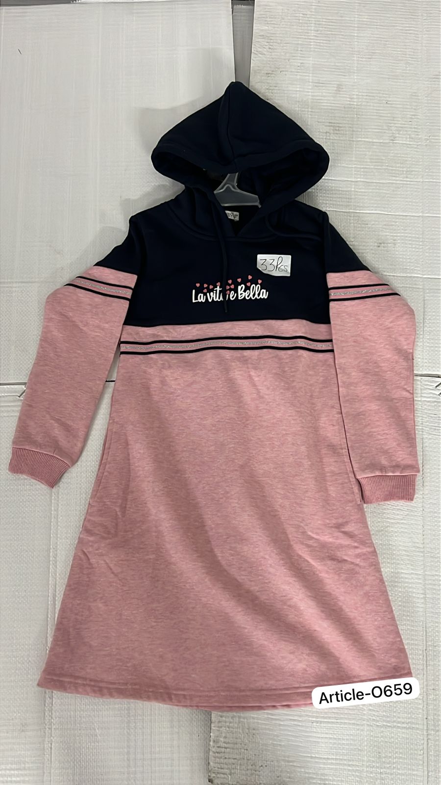 Color Navy Hooded Tunic Dress in Navy and O.Pink with Stripe Detail
