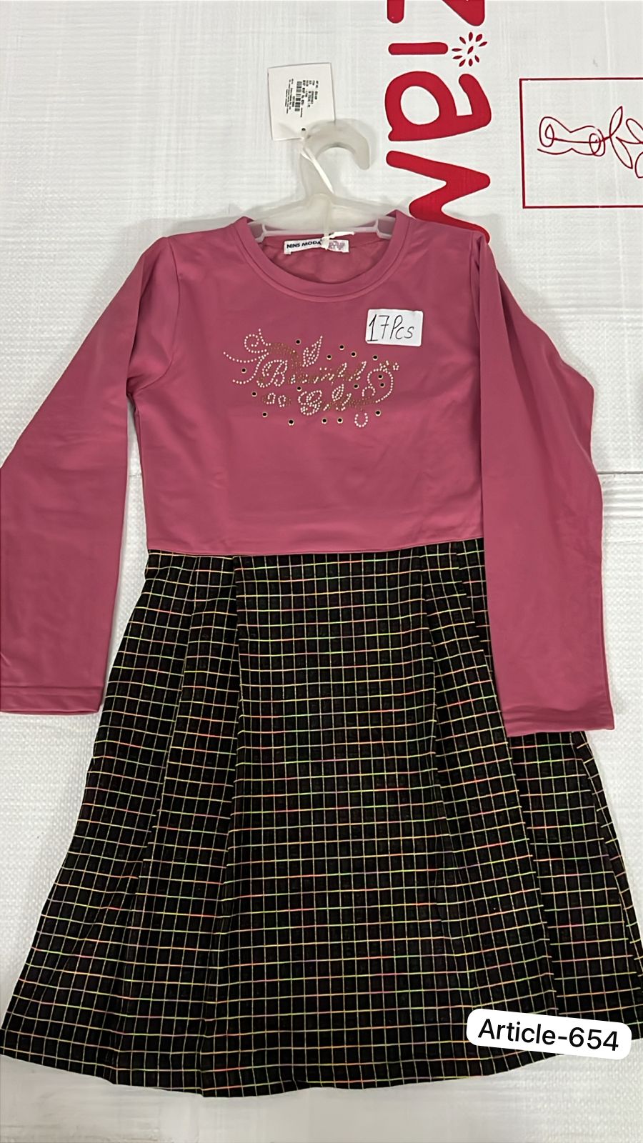 Onion Pink Knit Top & Black Checkered Skirt Girls' Dress | Two-Piece Look