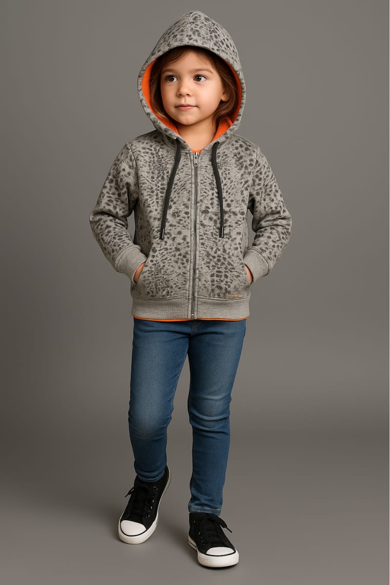 Chic Kids' Full-Zip Hoodie Jacket in Grey Leopard Print
