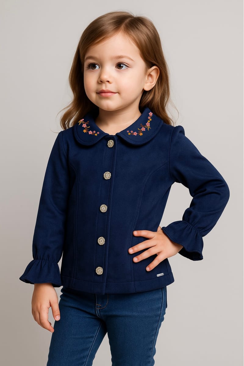 Charming Girls' Navy Blue Set with Embellished Peter Pan Collar