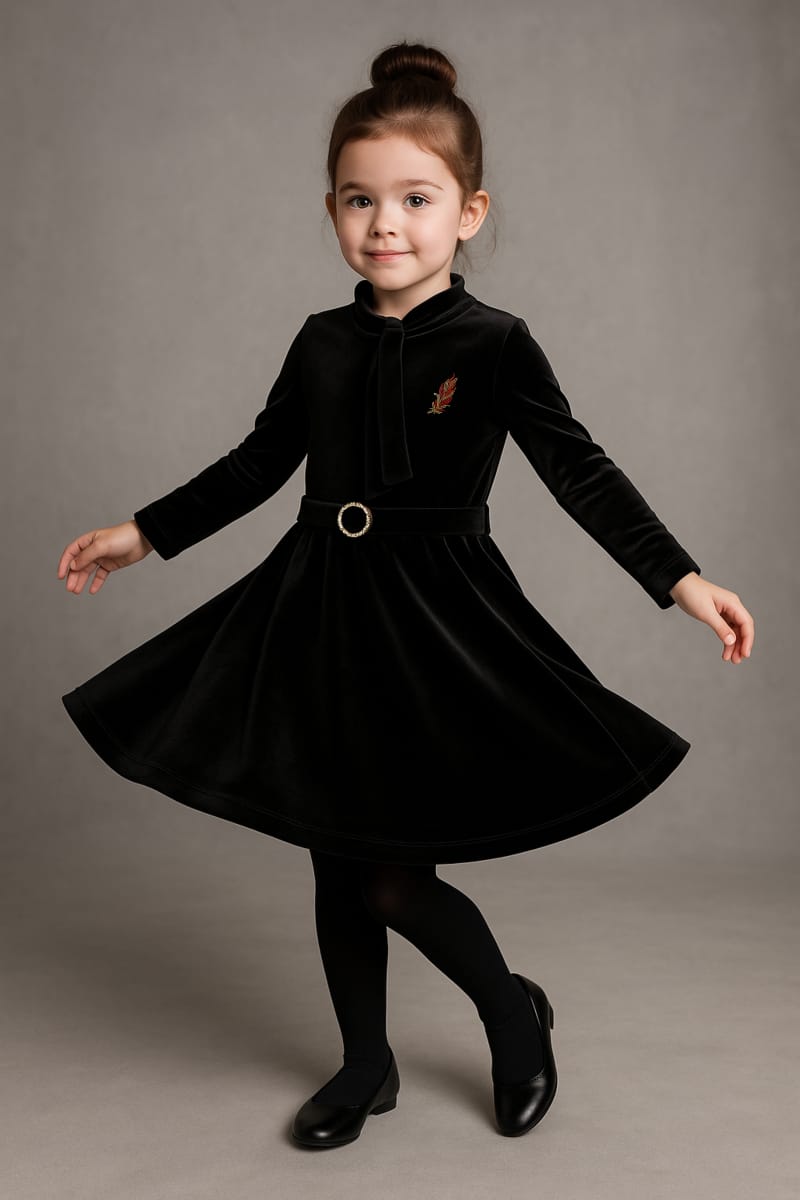 Elegant Black Velvet A-Line Dress with Tie-Neck Collar and Belt