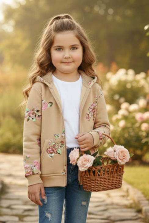 Cozy Toddler/Kids' Floral Print Full-Zip Hoodie with Plush Sherpa Lining