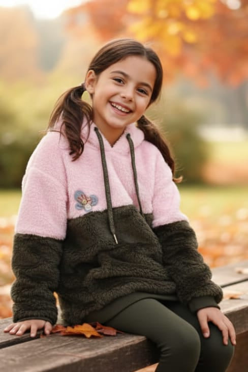 Chic Pink & Grey Teddy Fleece Half-Zip Hoodie for Girls