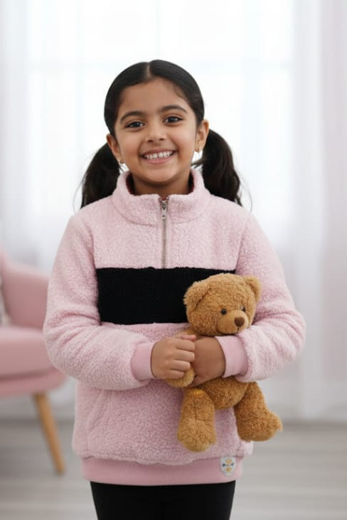 Cozy Kids' Half-Zip Fleece Pullover with Pink and Black Color Block