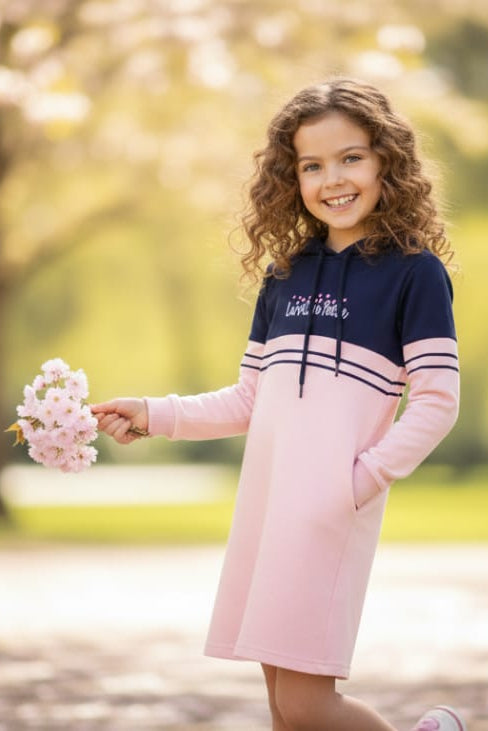 Color Navy Hooded Tunic Dress in Navy and O.Pink with Stripe Detail