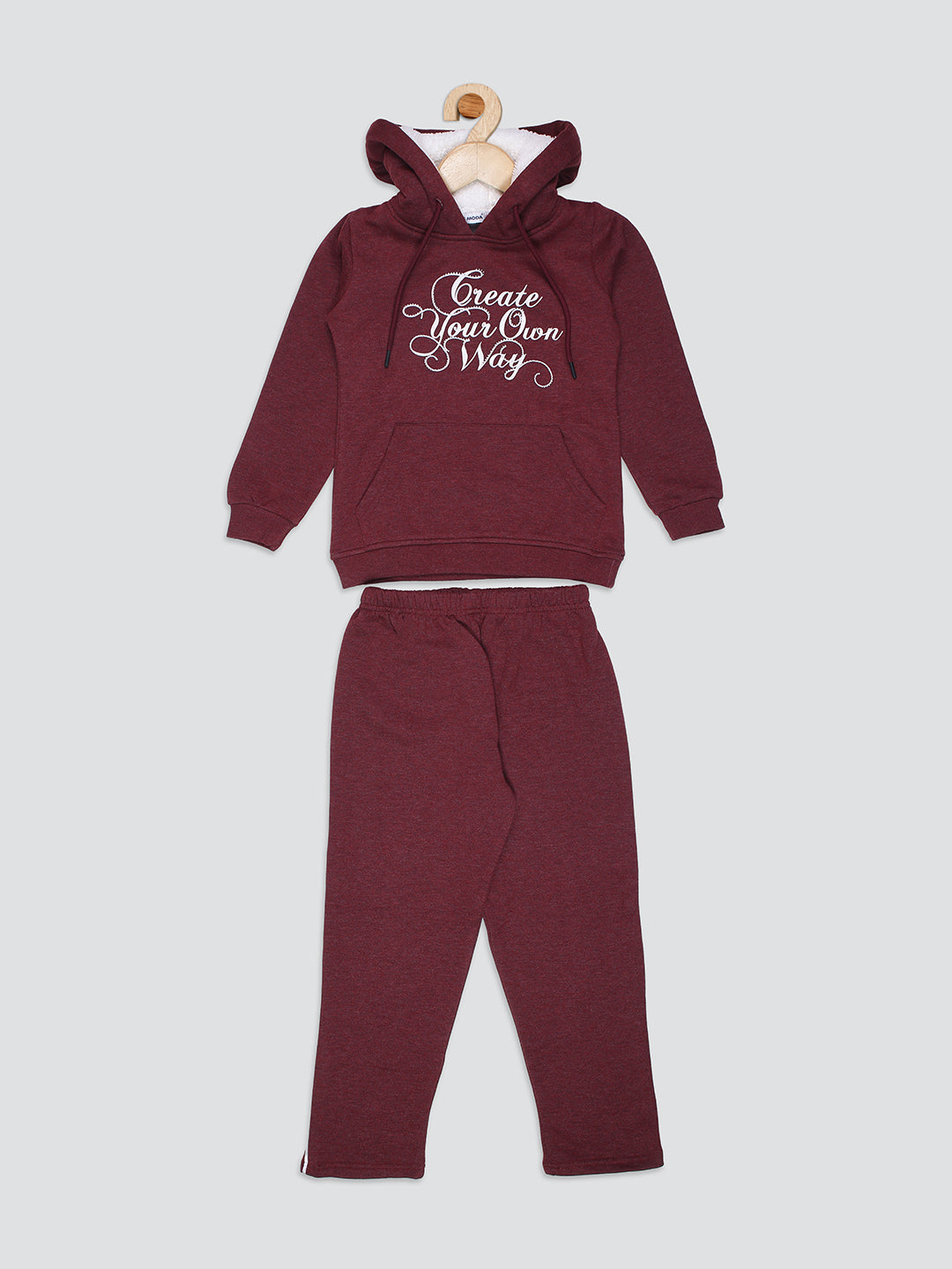 Create Way Extra Warm Girls Solid Hoddie Co-ord Set-Wine