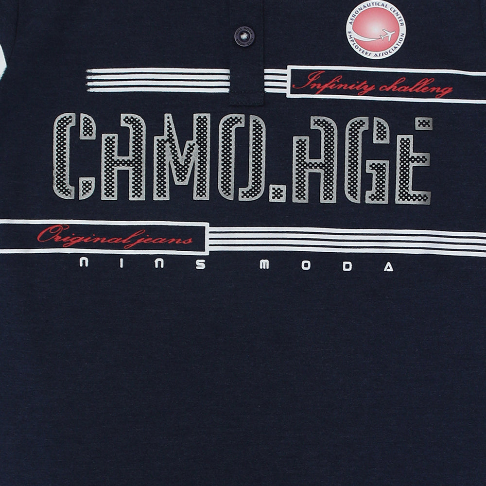 Nins Moda Boys Printed Collar T-shirt-Denim Milange