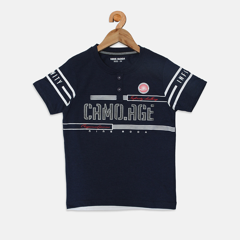 Nins Moda Boys Printed Collar T-shirt-Denim Milange