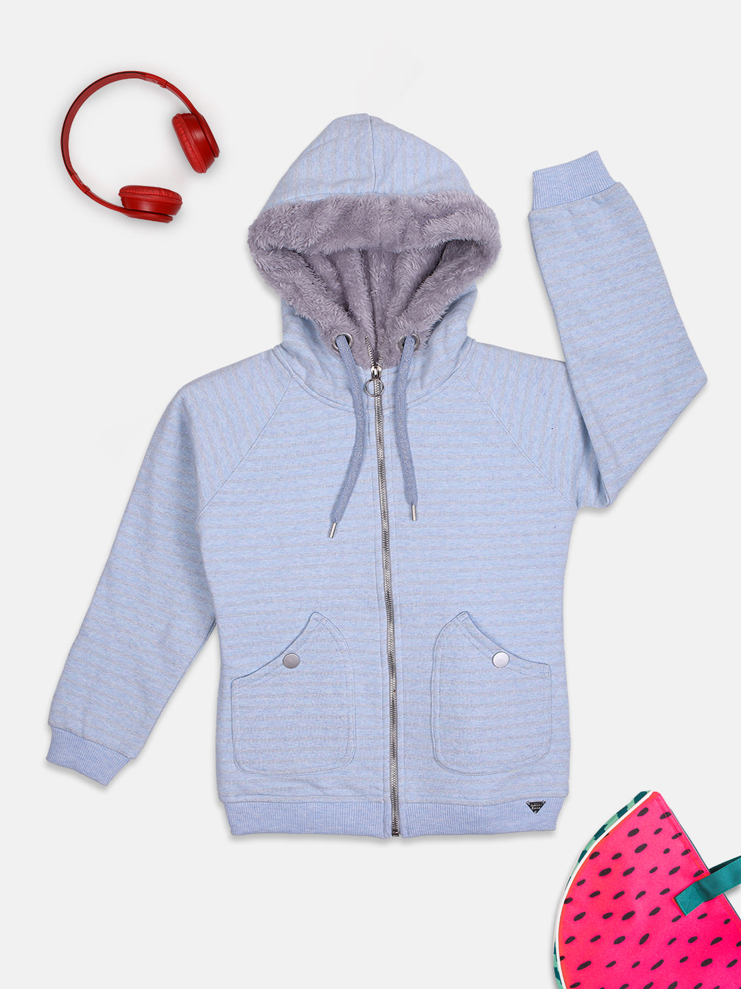 ZIAMA GIRLS STRIPED FULL SELEVE WITH HODDIE & ZIPPER SWEATSHIRT-SKY