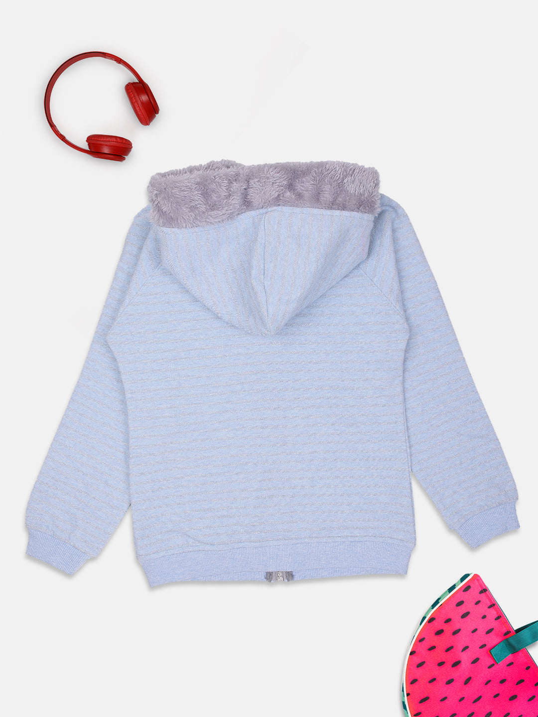ZIAMA GIRLS STRIPED FULL SELEVE WITH HODDIE & ZIPPER SWEATSHIRT-SKY