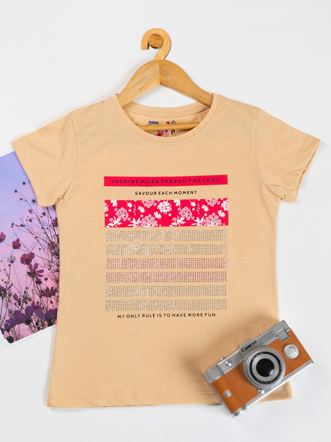 Pampolina Girls Flower Sequin Printed Top -Fawn