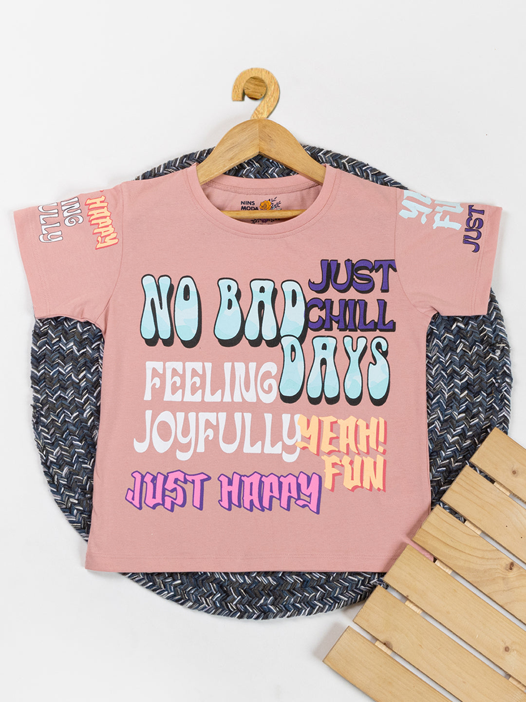 Pampolina Girls Printed & Half Sleeve Top-peach