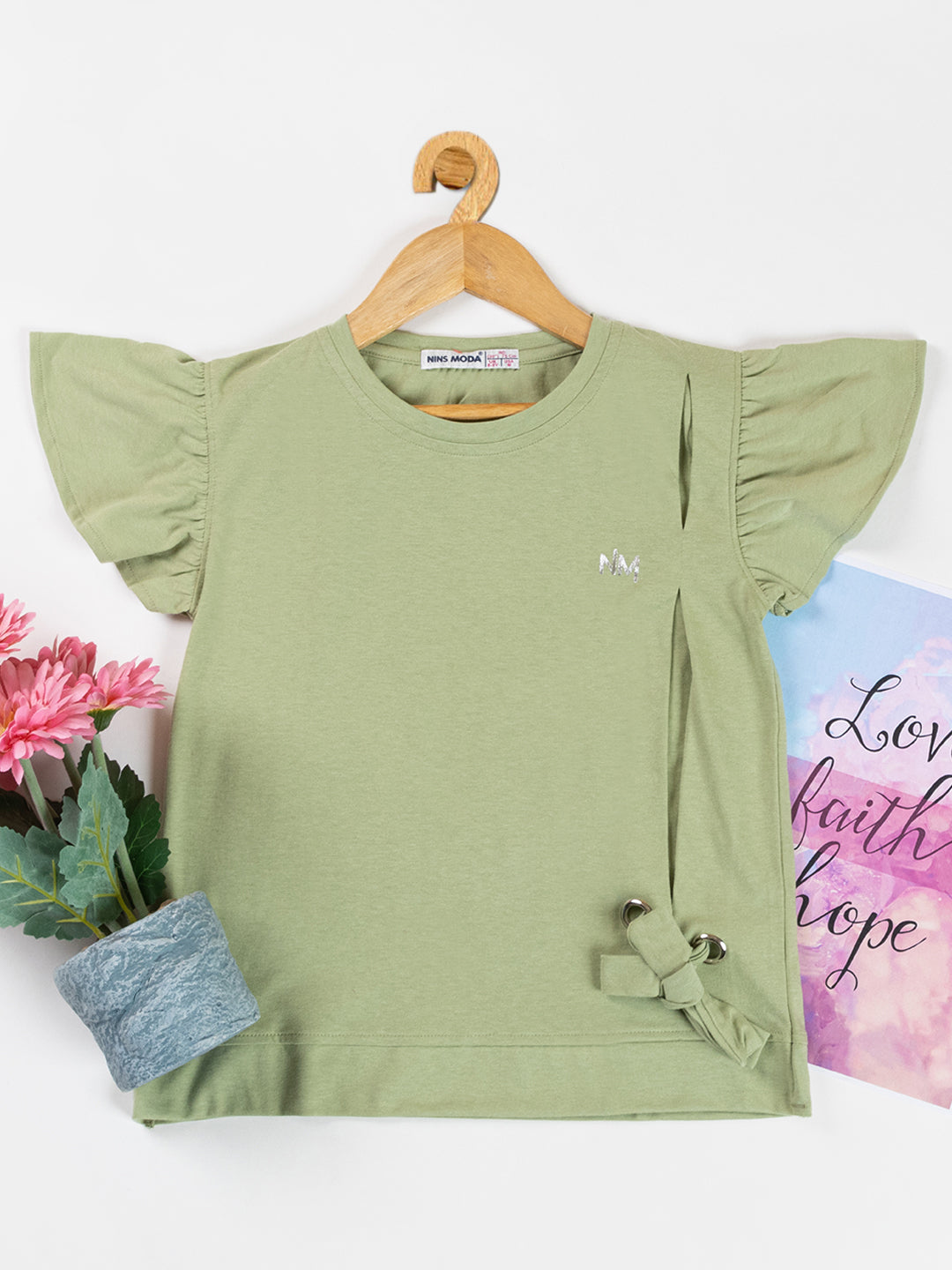 Pampolina Girls Solid Puff Sleeve With Side Belt-Pista