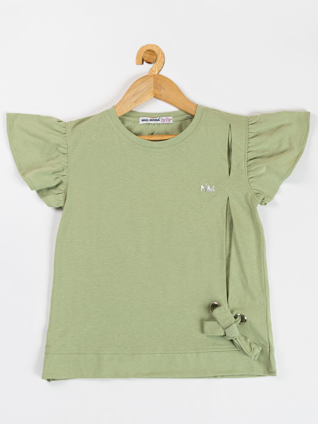 Pampolina Girls Solid Puff Sleeve With Side Belt-Pista