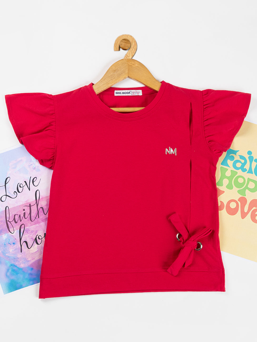 Pampolina Girls Solid Puff Sleeve With Side Belt-Red