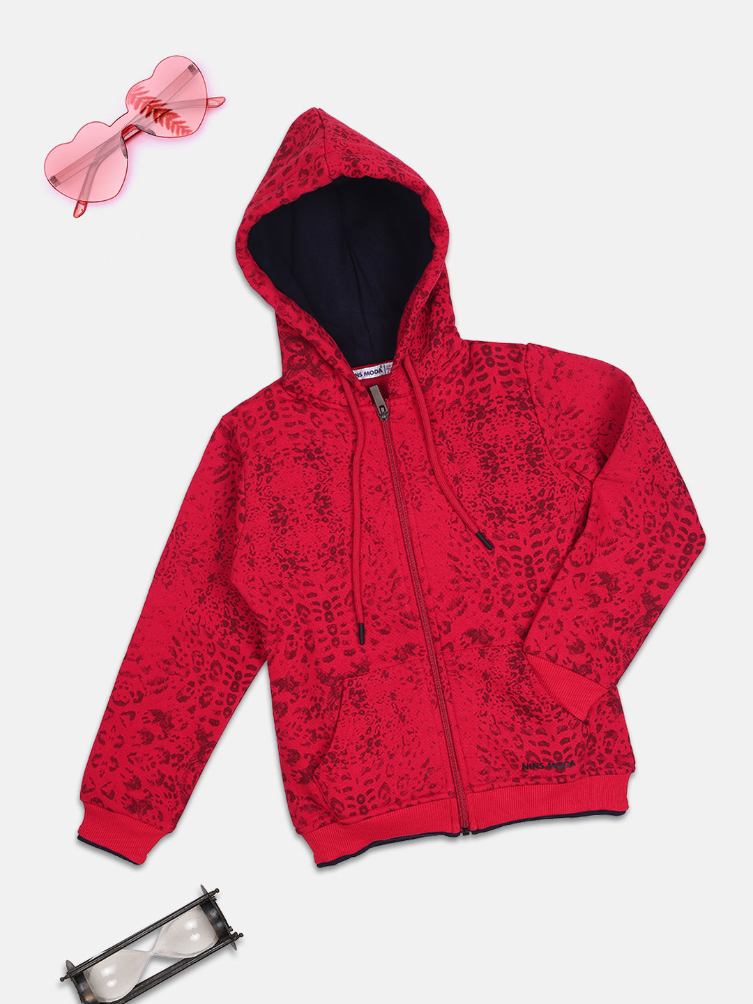 NINS MODA GIRLS ALL OVER PRINTED SWEATSHIRT WITH HODDIE AND ZIP-RED