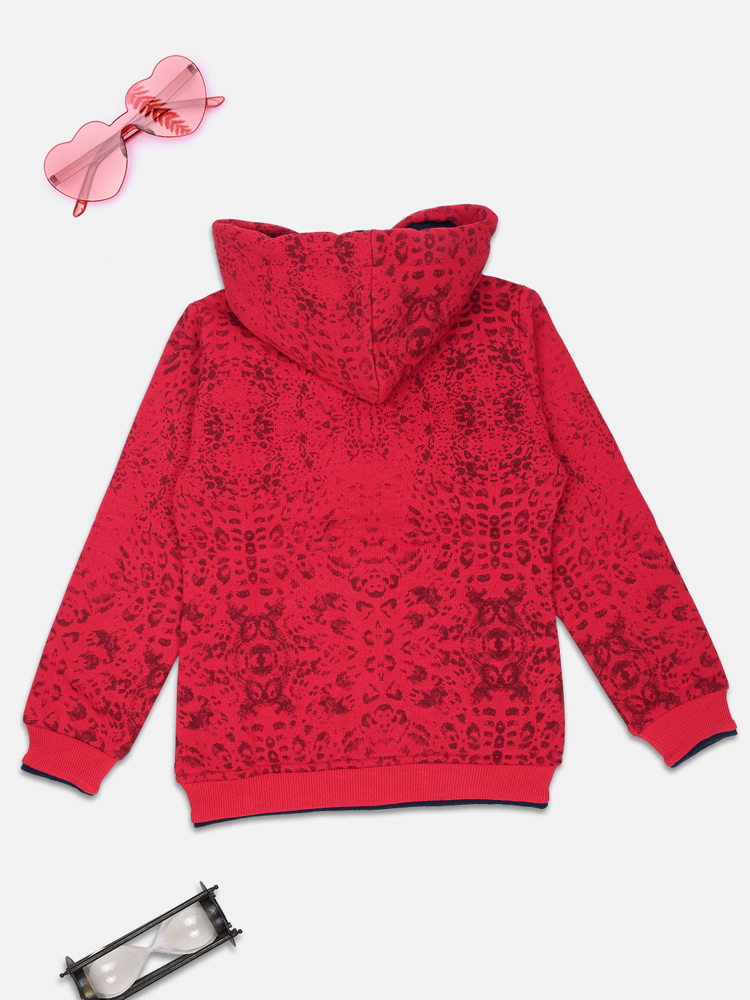 NINS MODA GIRLS ALL OVER PRINTED SWEATSHIRT WITH HODDIE AND ZIP-RED