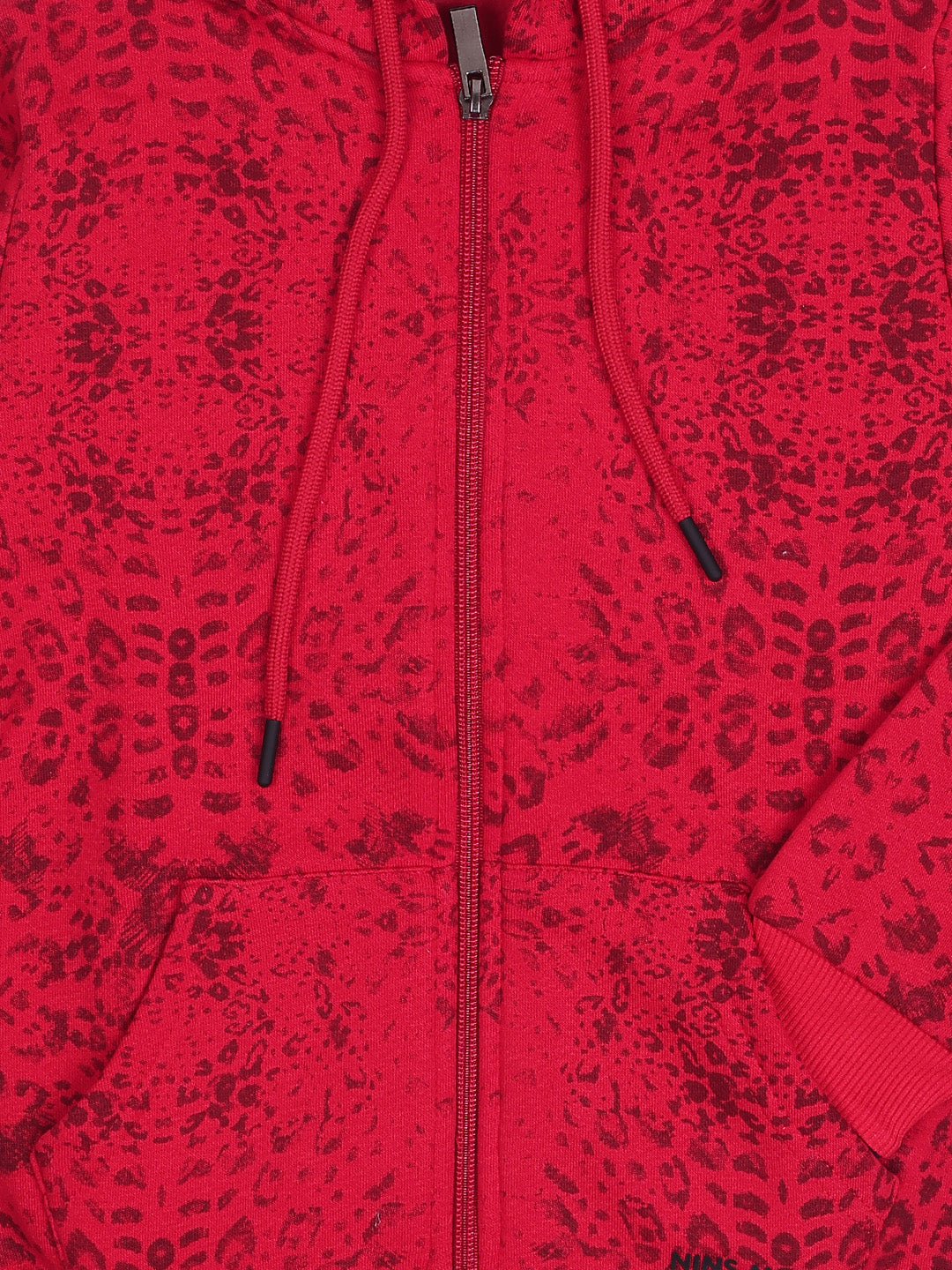 NINS MODA GIRLS ALL OVER PRINTED SWEATSHIRT WITH HODDIE AND ZIP-RED