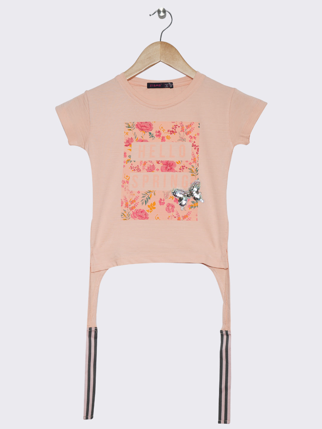 Pampolina Girls Half Sleeve Frolal Printed Top With Waist Belt-Peach