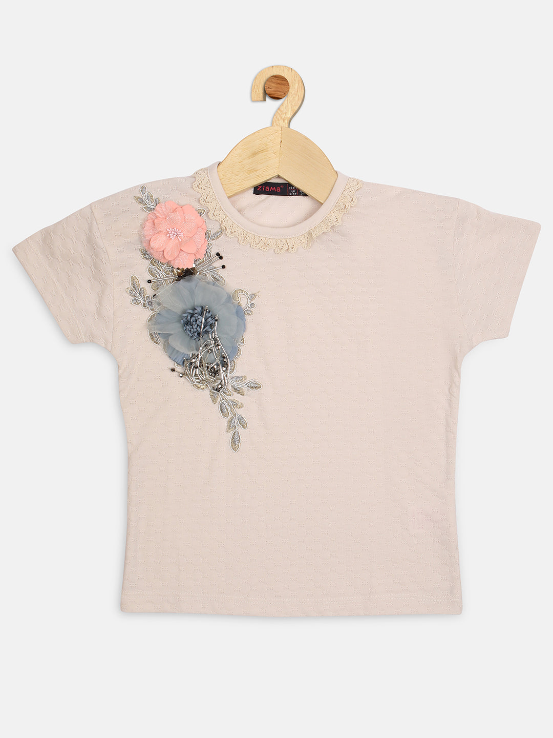 Pampolina Girls Floral Printed Round Neck Top-Oat Melange