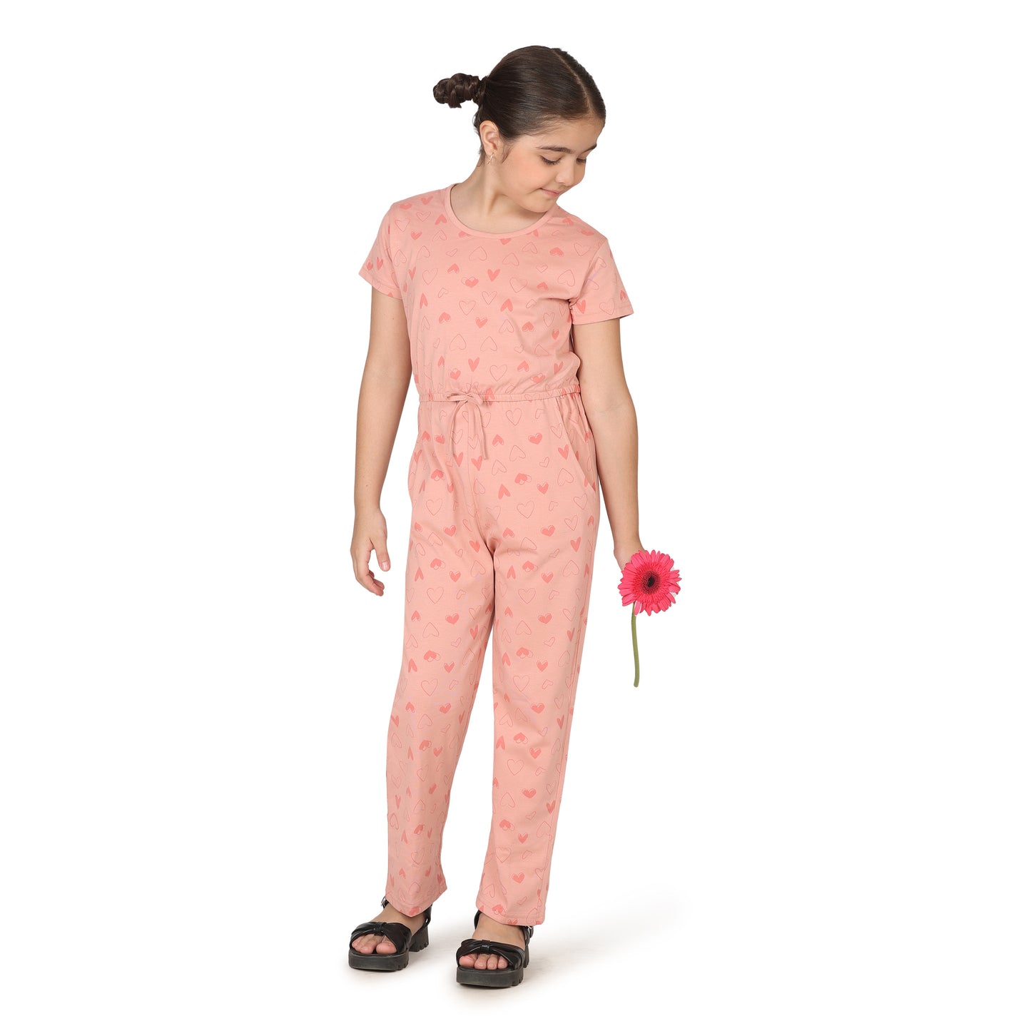 Pampolina Girls Heart Printed Jump Suit-Peach