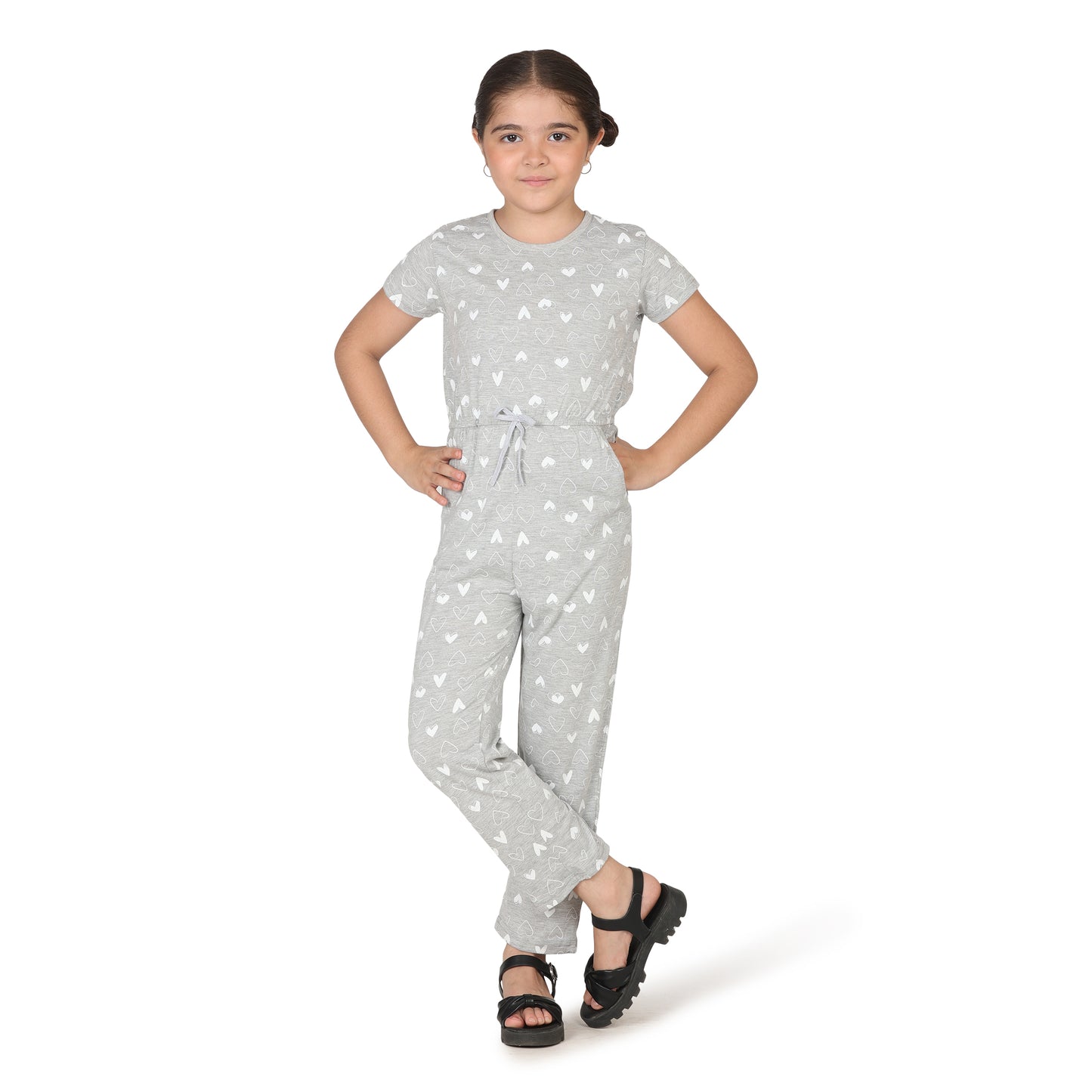 Pampolina Girls Heart Printed Jump Suit- Grey