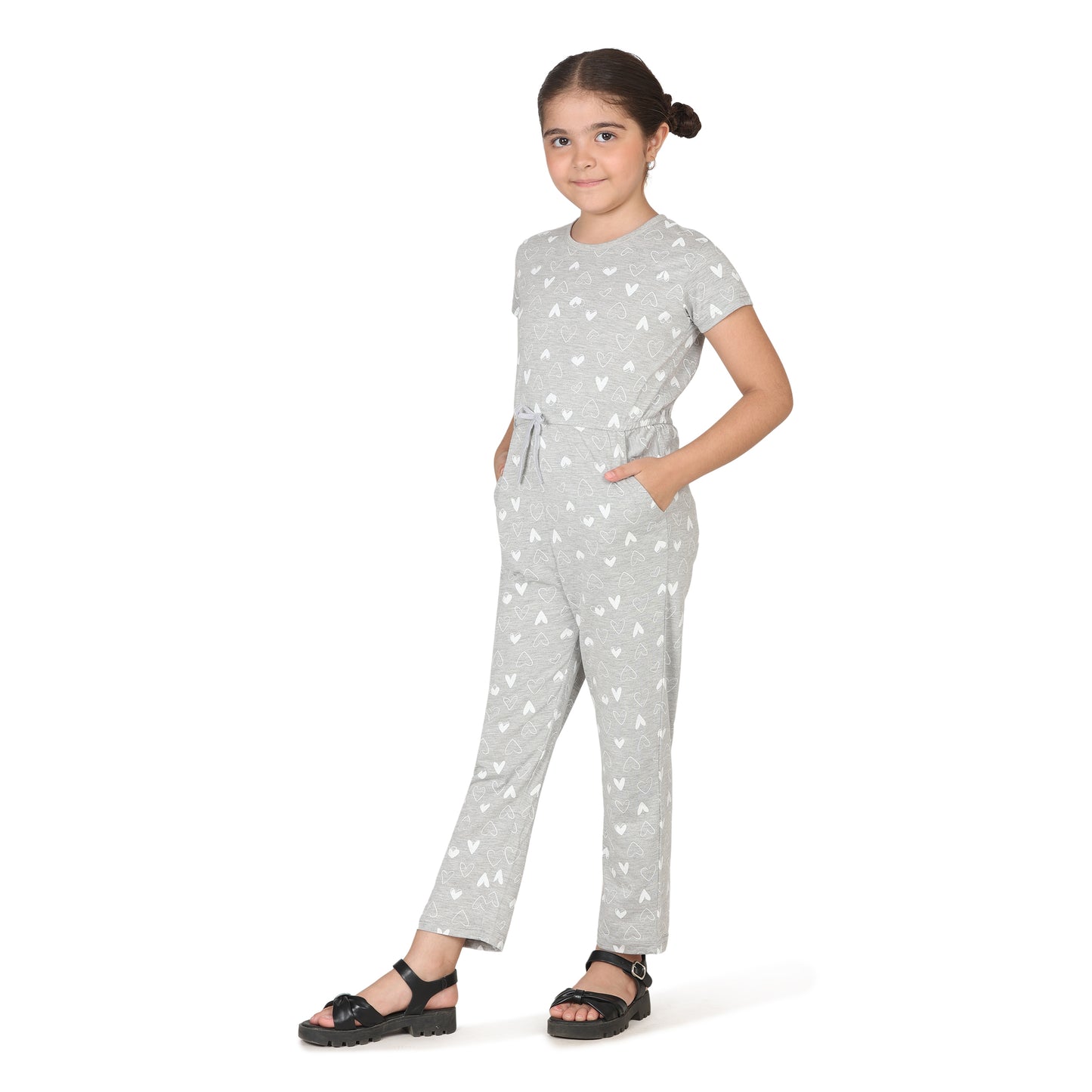 Pampolina Girls Heart Printed Jump Suit- Grey