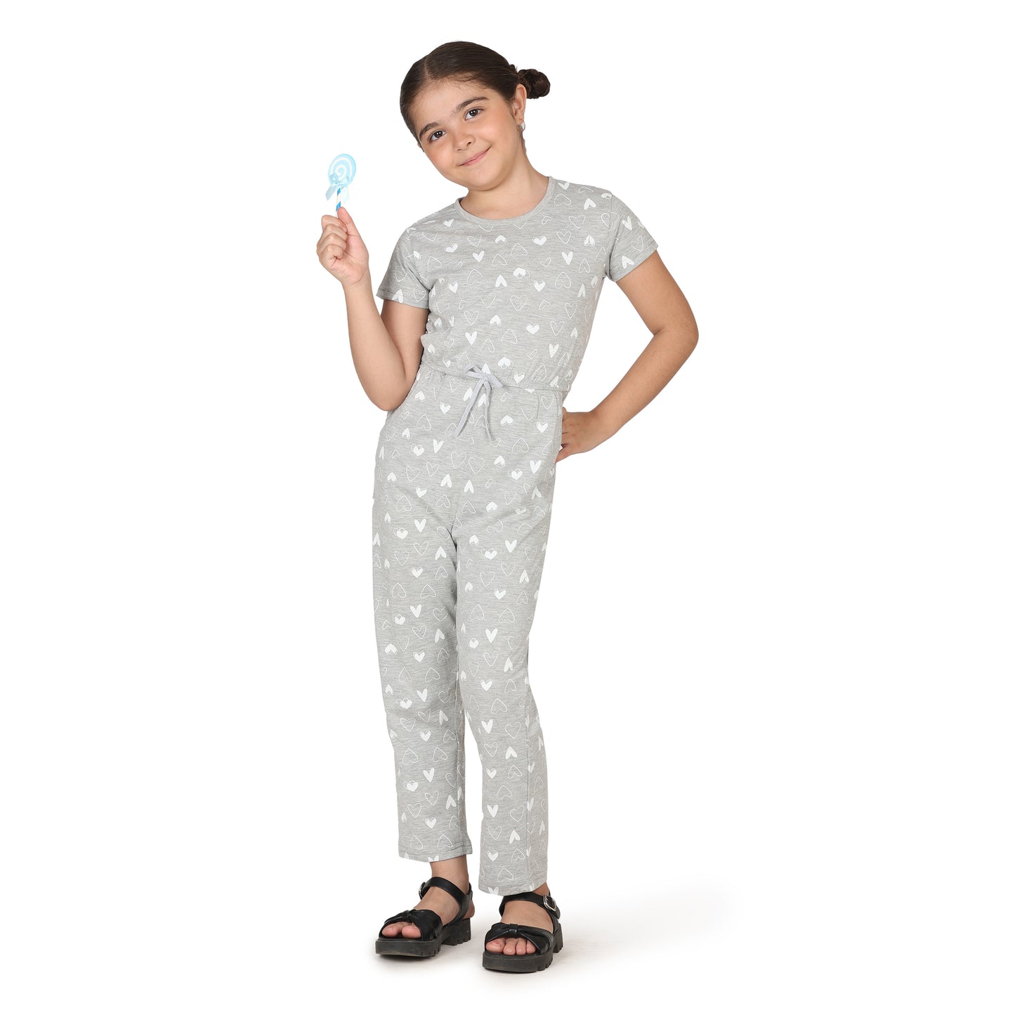 Pampolina Girls Heart Printed Jump Suit- Grey